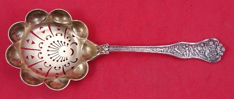 Sugar Sifter w/ intricate triangle loop and fan piercing and round scalloped bowl GW 6 3/8